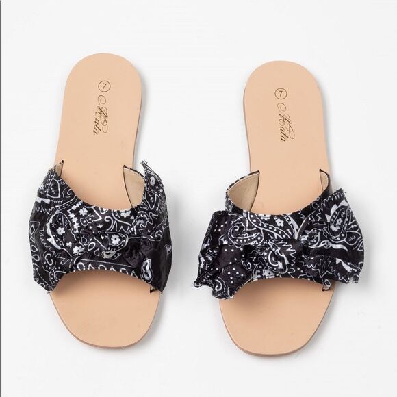 Black Bandana Bow Slides Sandals - Picture 1 of 9